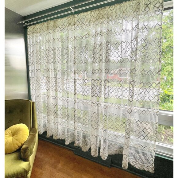 Vintage 70s curtains, white, blue mesh net, geometric pattern, oversized - Picture 2 of 8